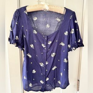 Elodie Navy Square Neck Top with Floral Accents
